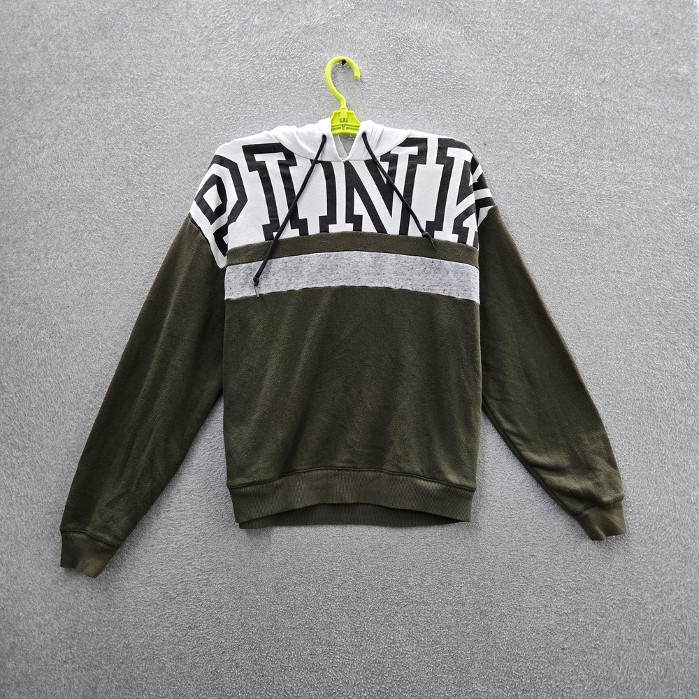 PINK Victoria's Secret‎ Women Hoodie M Green Colorblock Fleece Logo Text